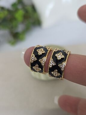Gold-Filled Enamel & Crystal Hoop Earrings - Elegant Black & Gold Statement